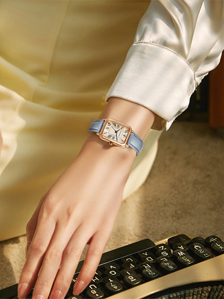 Women's Gold Square Watch with Leather Strap – Elegant Quartz Dress Watch