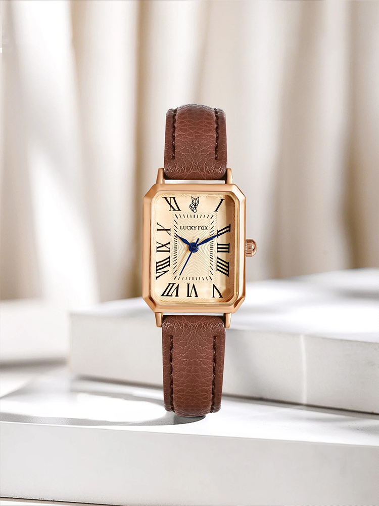 Women's Gold Square Watch with Leather Strap – Elegant Quartz Dress Watch