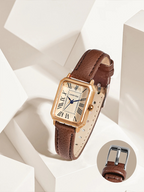 Women's Gold Square Watch with Brown Leather Strap