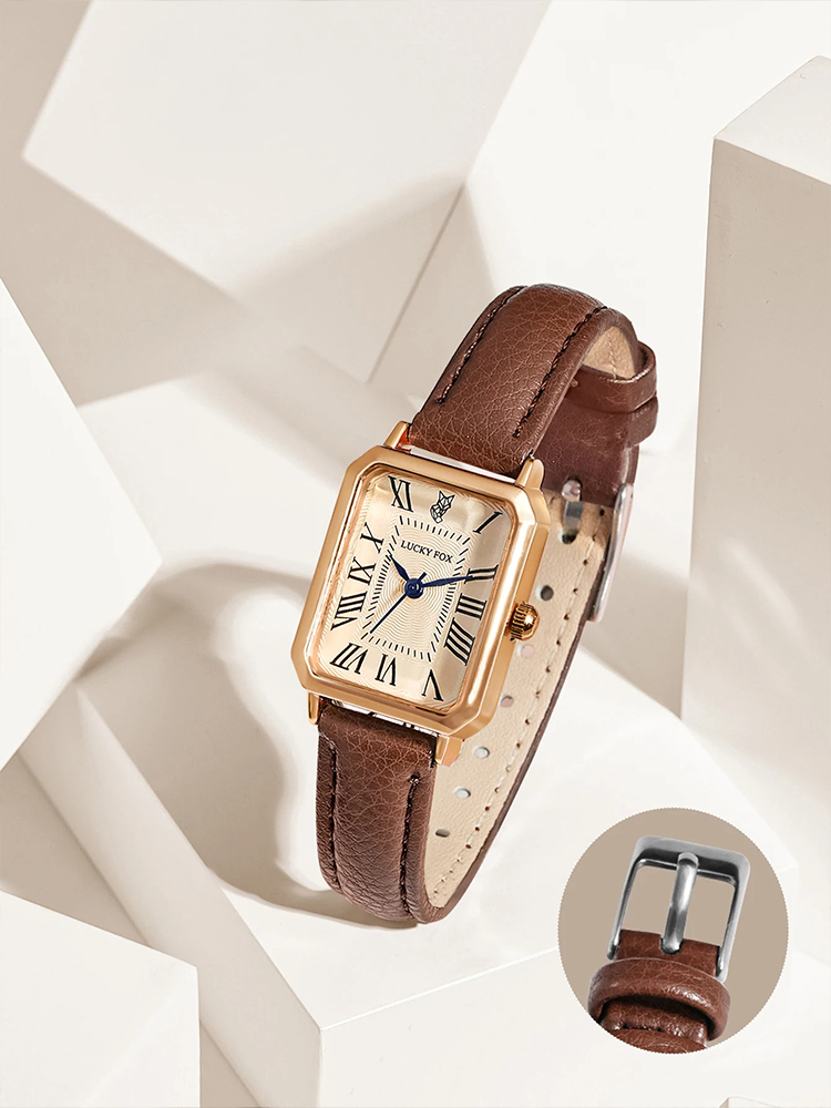 Women's Gold Square Watch with Brown Leather Strap