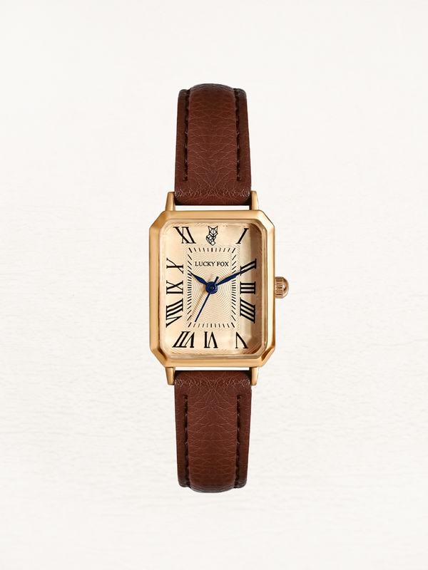 Women's Gold Square Watch with Brown Leather Strap