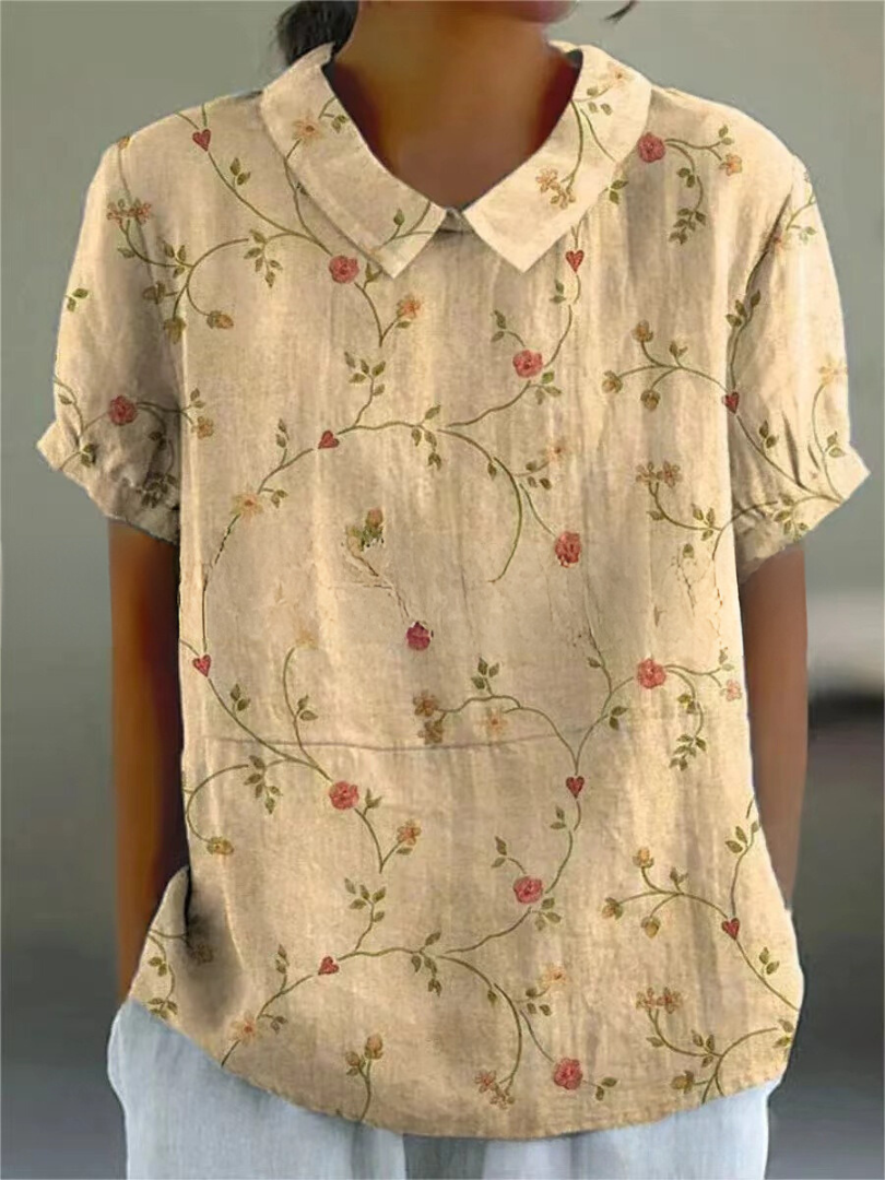 Floral Embroidered Linen Collared Blouse