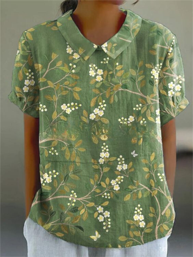 Floral Embroidered Linen Collared Blouse