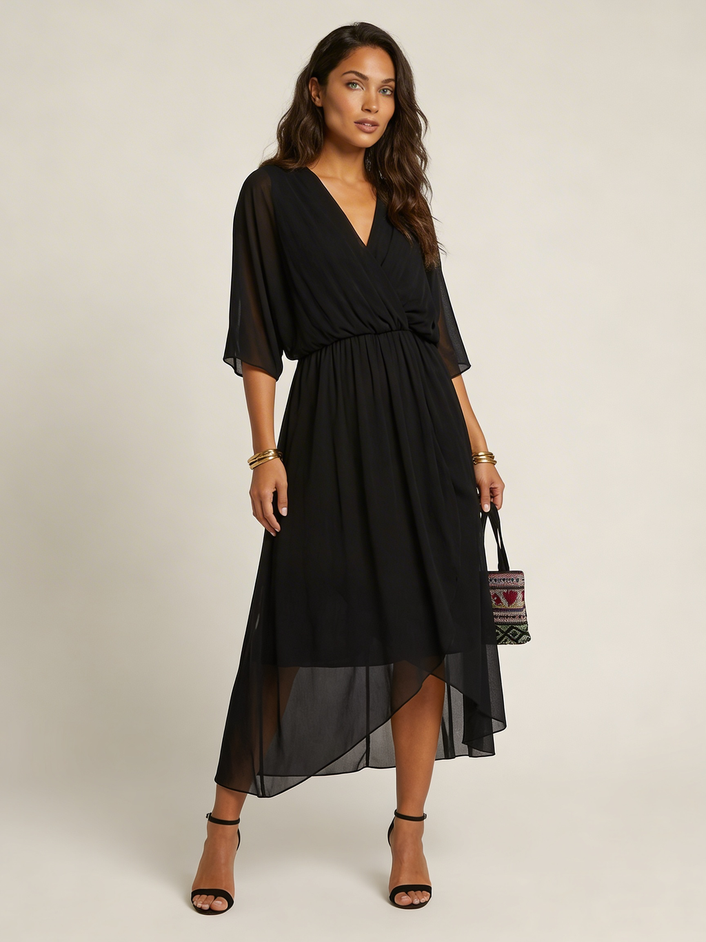 Green Wrap Midi Dress with Belt – Women's Kimono Sleeve Wedding Guest Dress