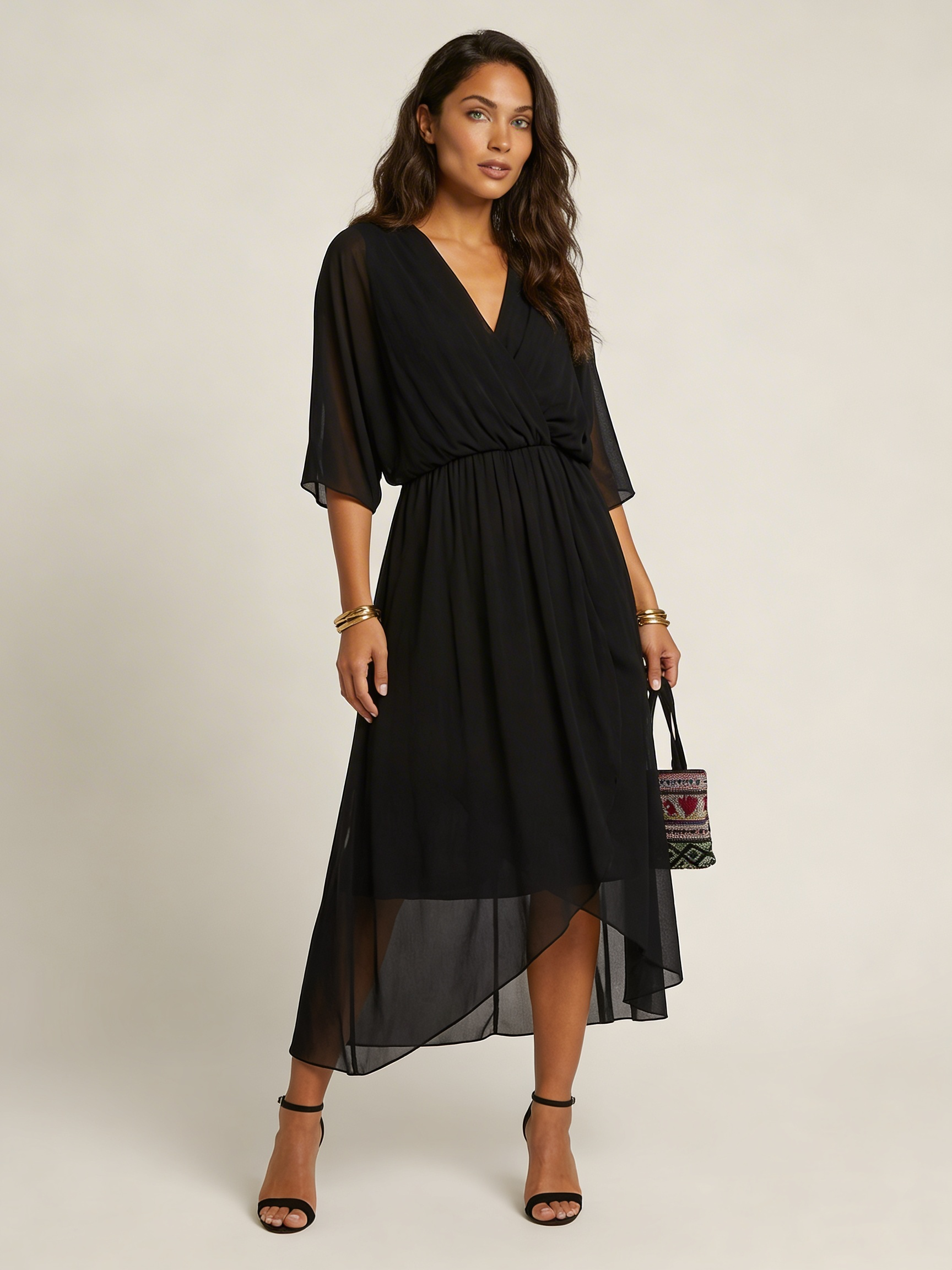 Green Wrap Midi Dress with Belt – Women's Kimono Sleeve Wedding Guest Dress