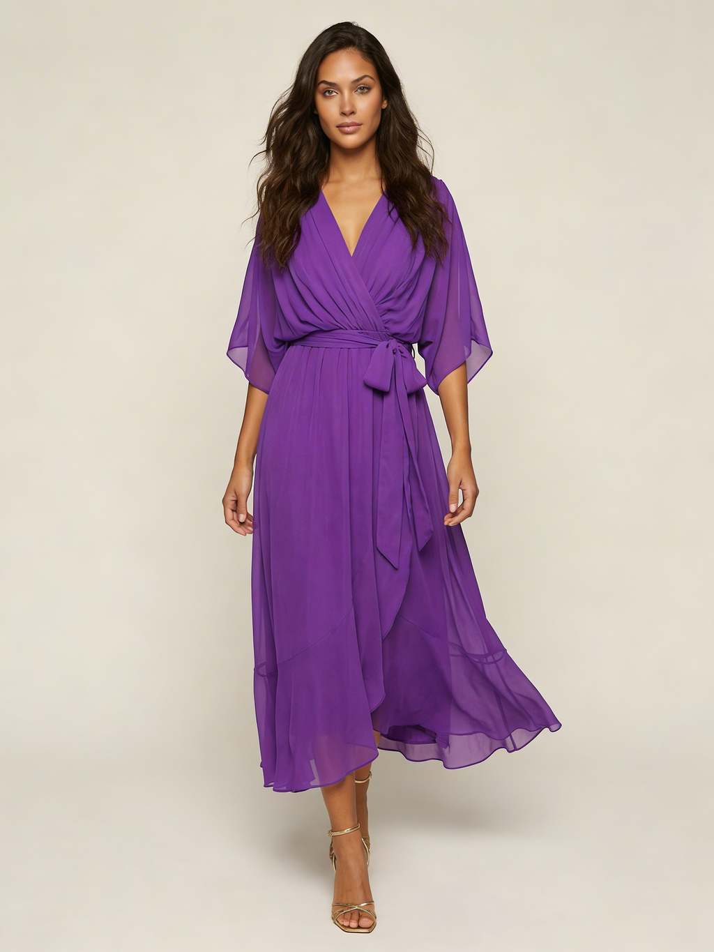 Green Wrap Midi Dress with Belt – Women's Kimono Sleeve Wedding Guest Dress