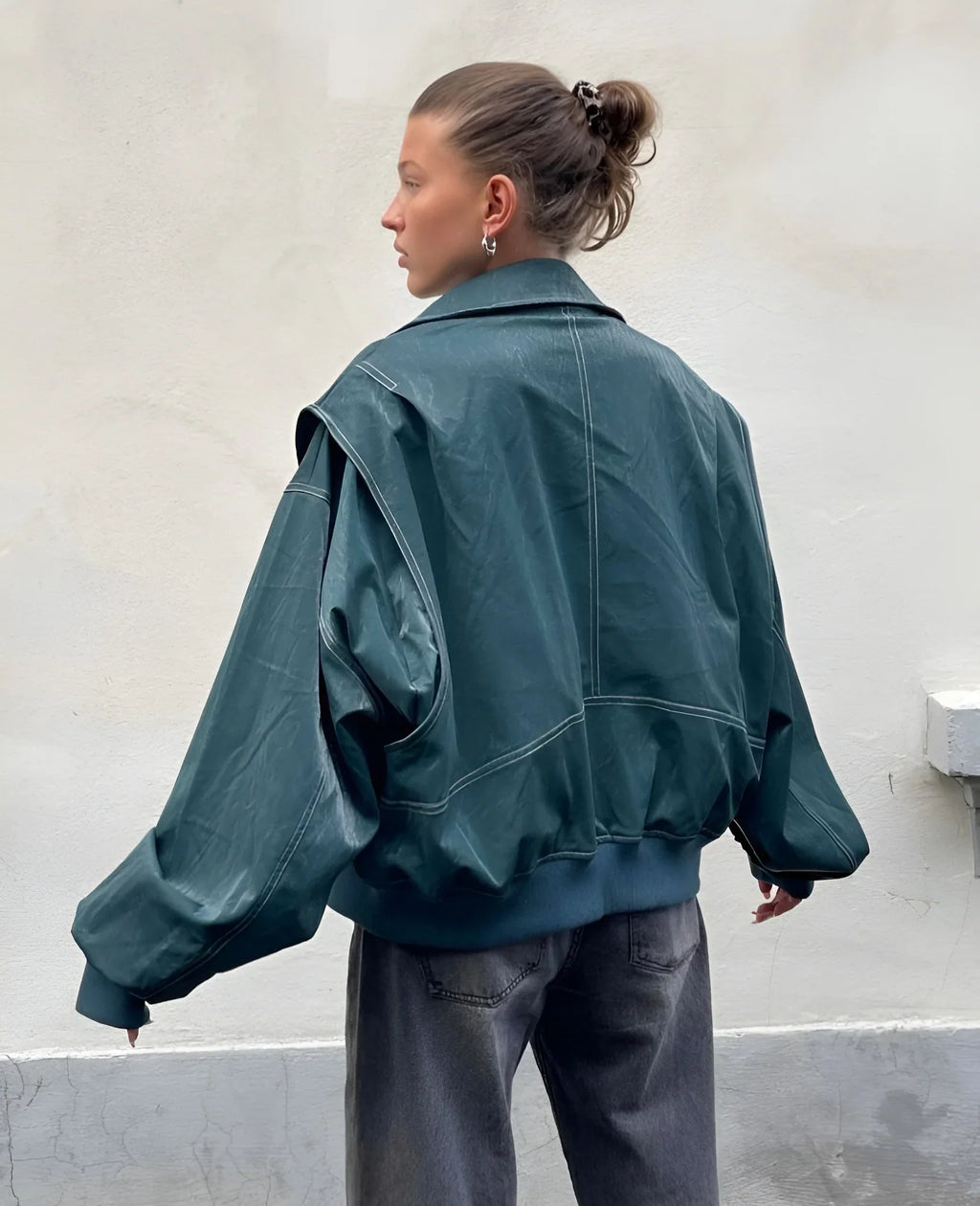Oversized Faux Leather Jacket with Seam Details – Edgy Statement Jacket