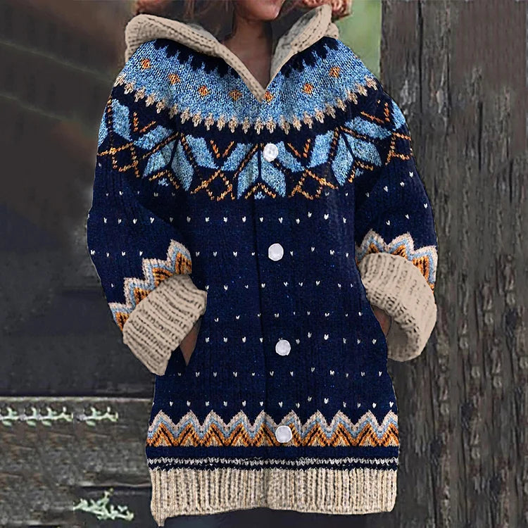 Women's Fair Isle Knitted Cardigan with Drawstring Hood and Button Front