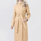 Long Quilted Coat with Waist Belt and High Collar