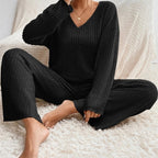 Ribbed Knit Two-Piece Set – V-Neck Top and Trousers