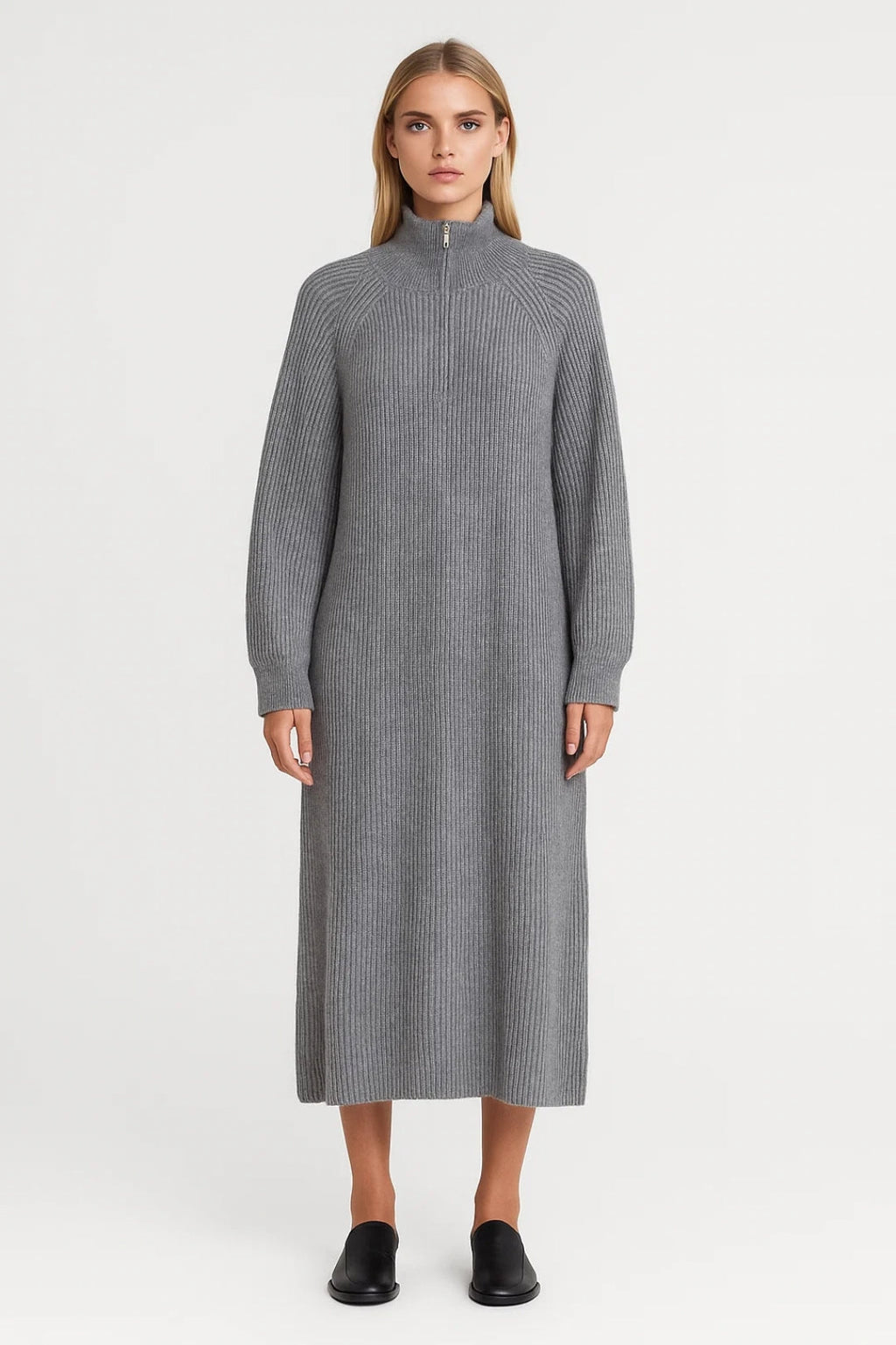 Knitted Midi Dress with Zip Roll Neck – One Size