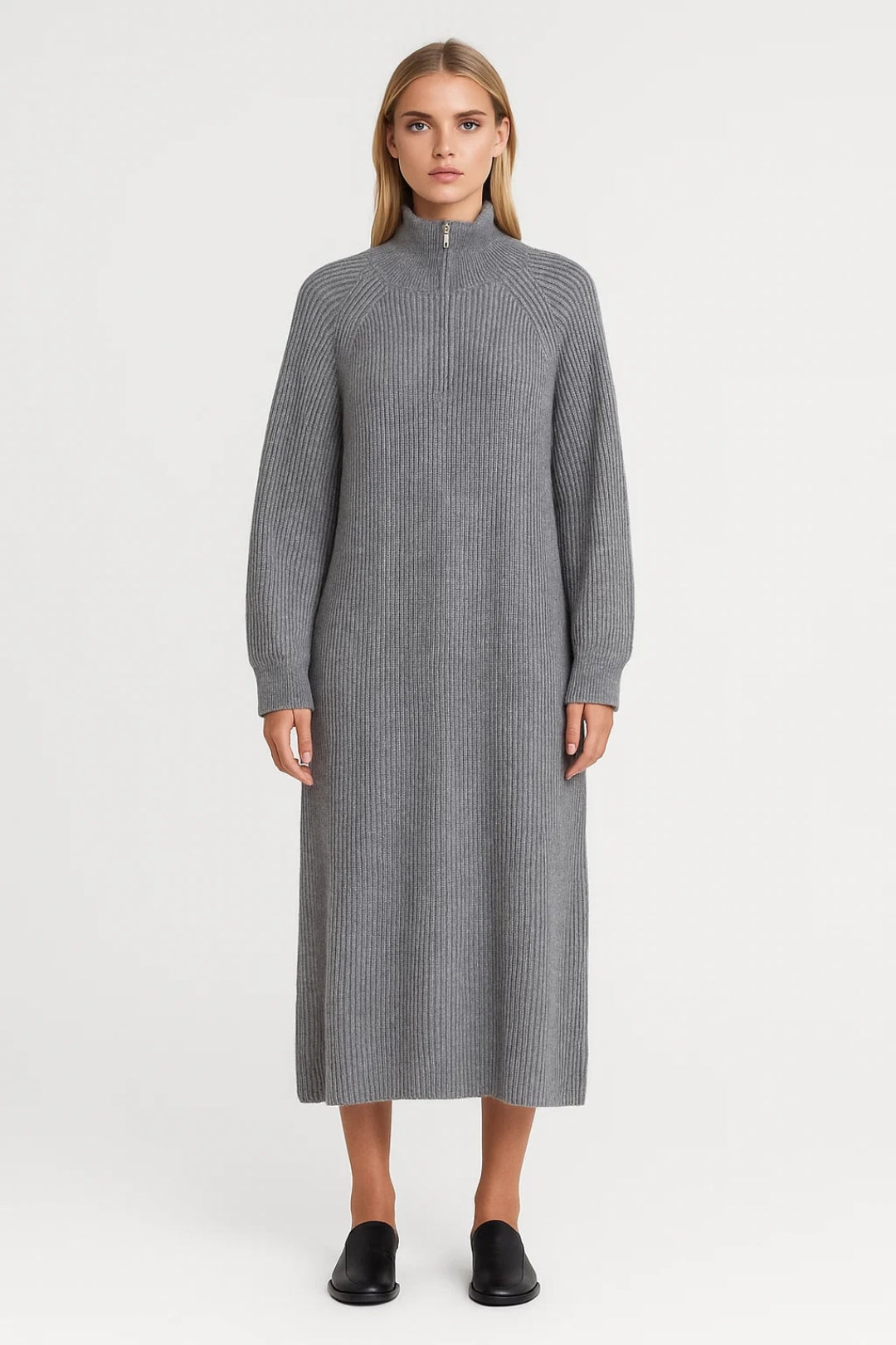 Knitted Midi Dress with Zip Roll Neck – One Size