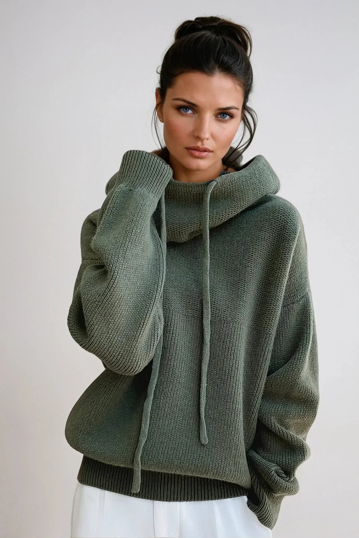 Women's Oversized Hooded Knitted Sweater with High Cowl Neck