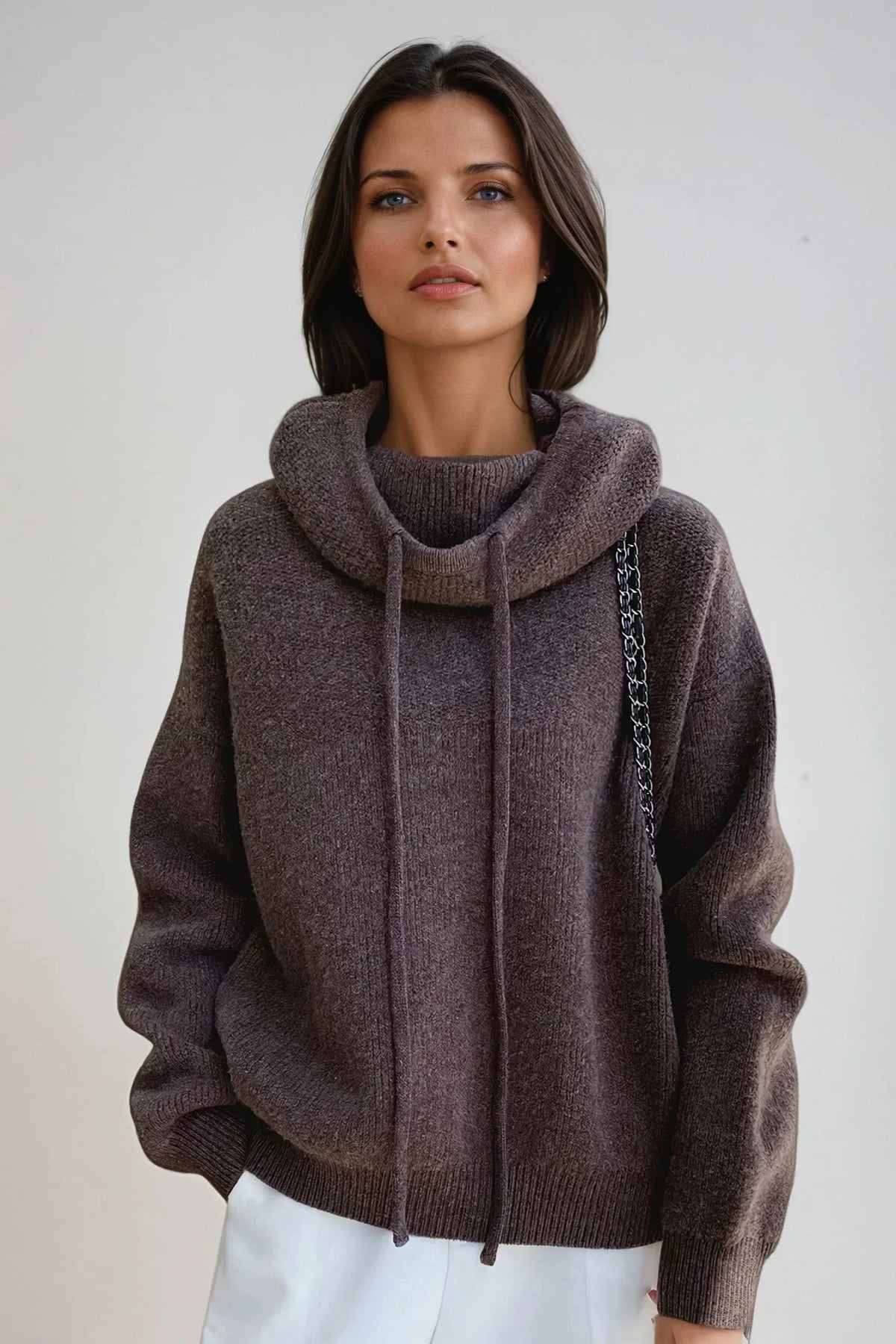 Women's Oversized Hooded Knitted Sweater with High Cowl Neck