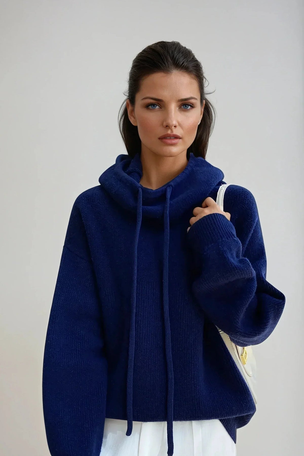 Women's Oversized Hooded Knitted Sweater with High Cowl Neck
