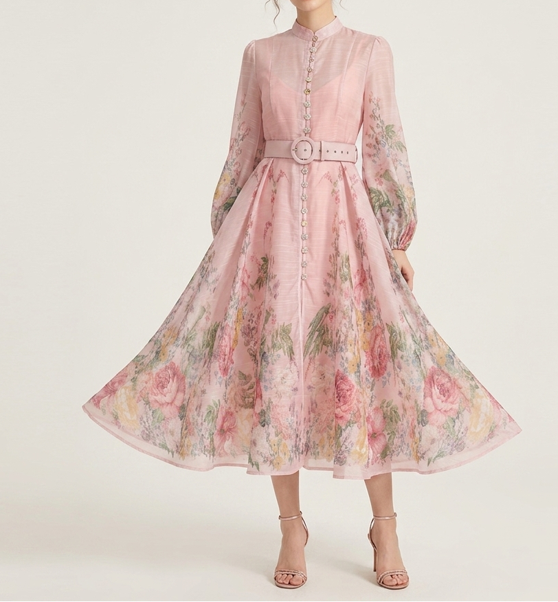 Women's Elegant Printed Midi Dress – Romantic A-Line Button Front Dress