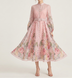 Women's Elegant Printed Midi Dress – Romantic A-Line Button Front Dress