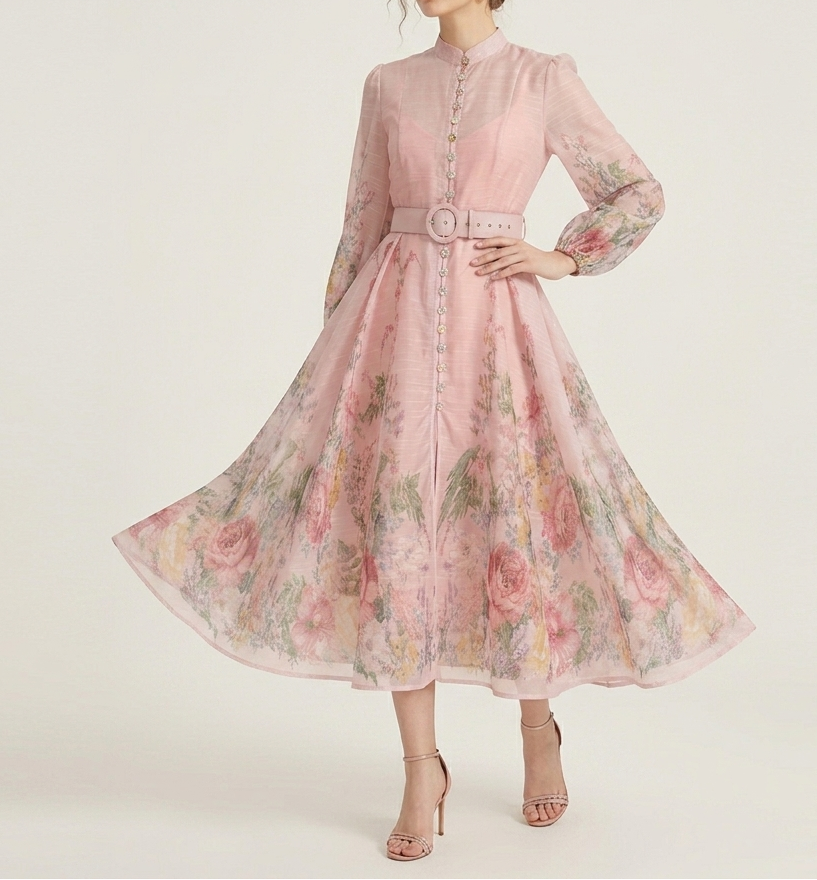 Women's Elegant Printed Midi Dress – Romantic A-Line Button Front Dress