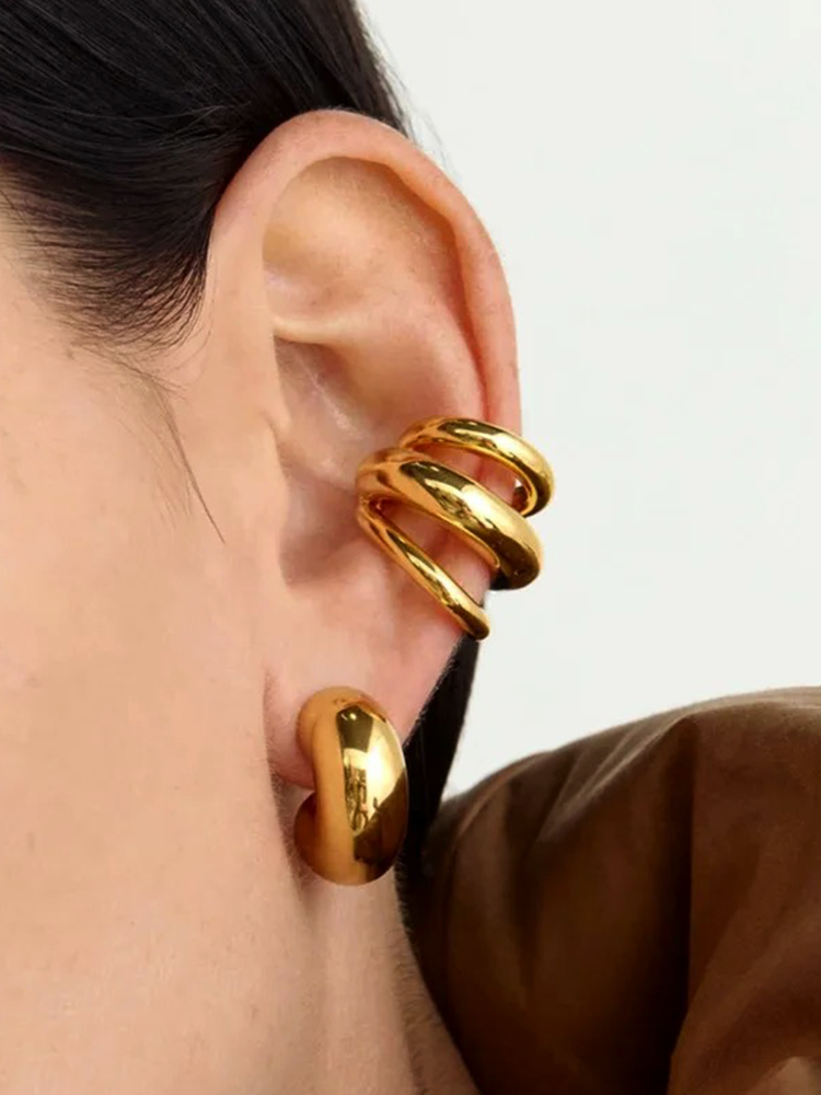 Gold Chunky Ear Cuff – 3-Layer No-Piercing Clip Earring