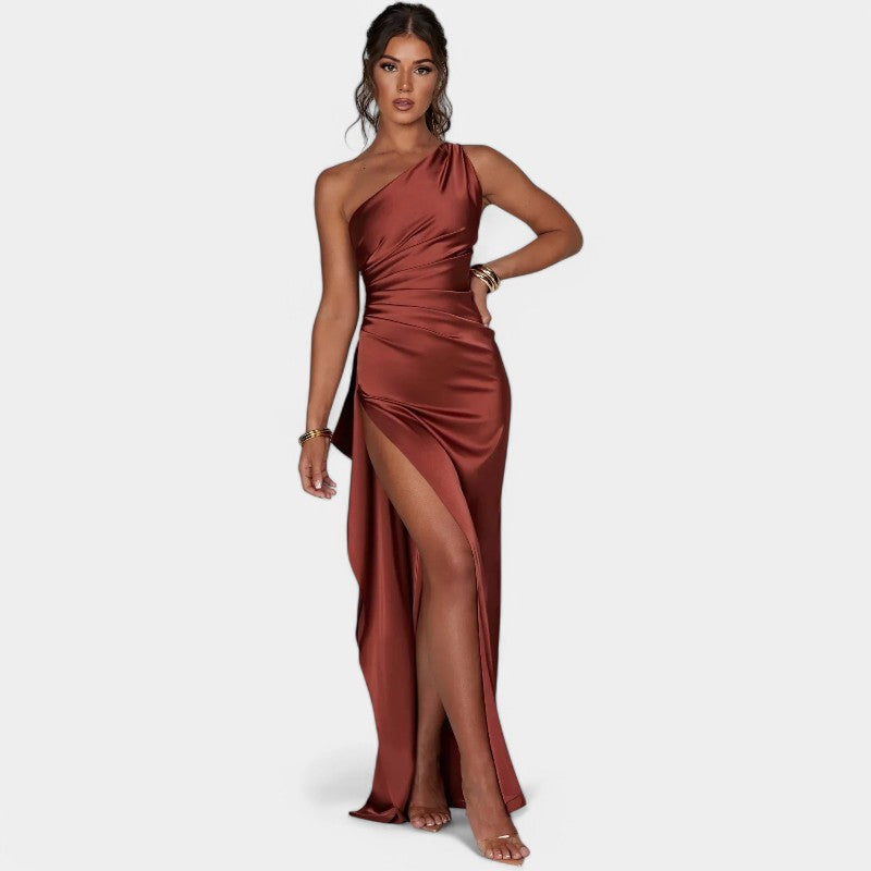 One-Shoulder Satin Maxi Dress – Pleated Split Evening Gown | Meave & Ivy
