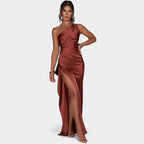 One-Shoulder Satin Maxi Dress – Pleated Split Evening Gown | Meave & Ivy