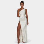 One-Shoulder Satin Maxi Dress – Pleated Split Evening Gown | Meave & Ivy