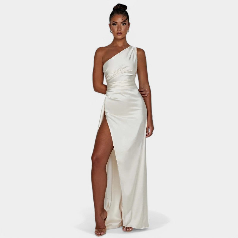 One-Shoulder Satin Maxi Dress – Pleated Split Evening Gown | Meave & Ivy