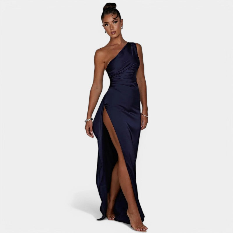 One-Shoulder Satin Maxi Dress – Pleated Split Evening Gown | Meave & Ivy