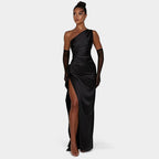 One-Shoulder Satin Maxi Dress – Pleated Split Evening Gown | Meave & Ivy