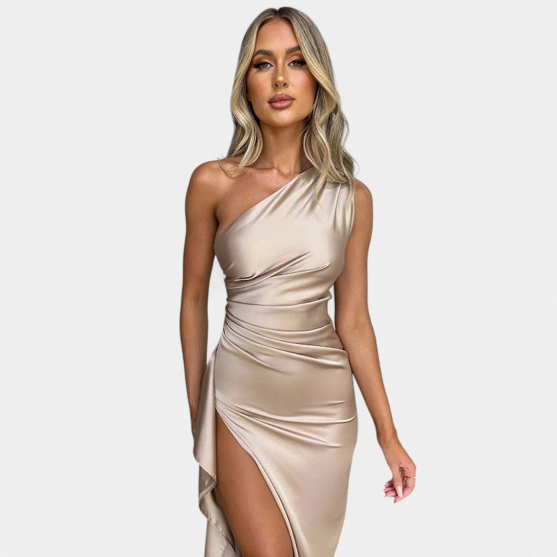 One-Shoulder Satin Maxi Dress – Pleated Split Evening Gown | Meave & Ivy