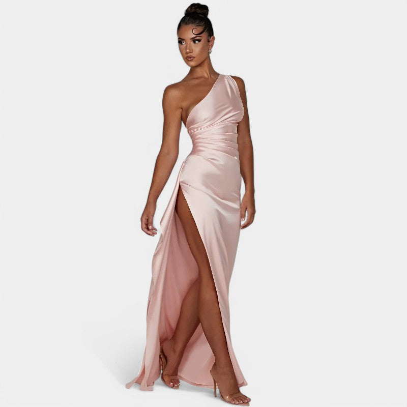 One-Shoulder Satin Maxi Dress – Pleated Split Evening Gown | Meave & Ivy