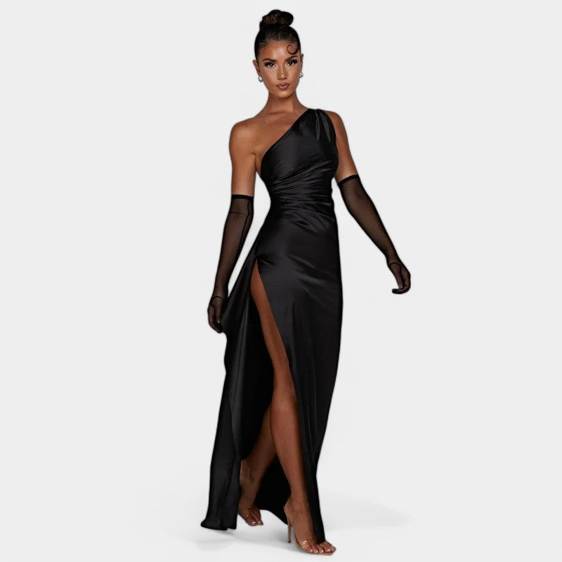 One-Shoulder Satin Maxi Dress – Pleated Split Evening Gown | Meave & Ivy