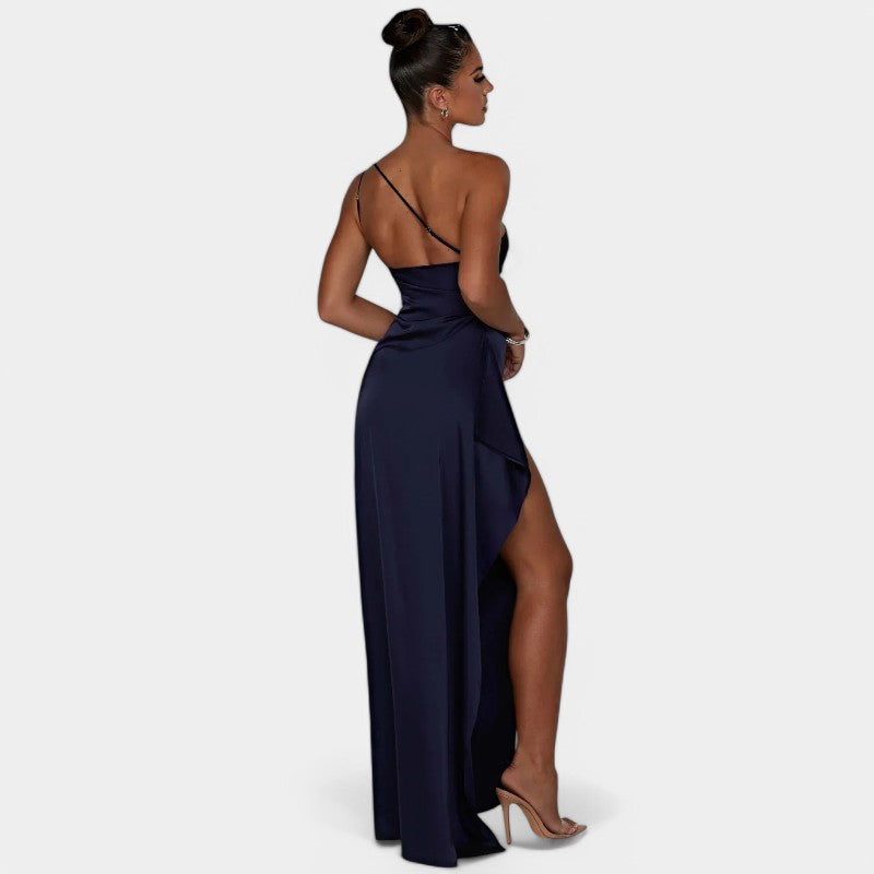 One-Shoulder Satin Maxi Dress – Pleated Split Evening Gown | Meave & Ivy