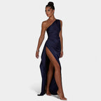 One-Shoulder Satin Maxi Dress – Pleated Split Evening Gown | Meave & Ivy