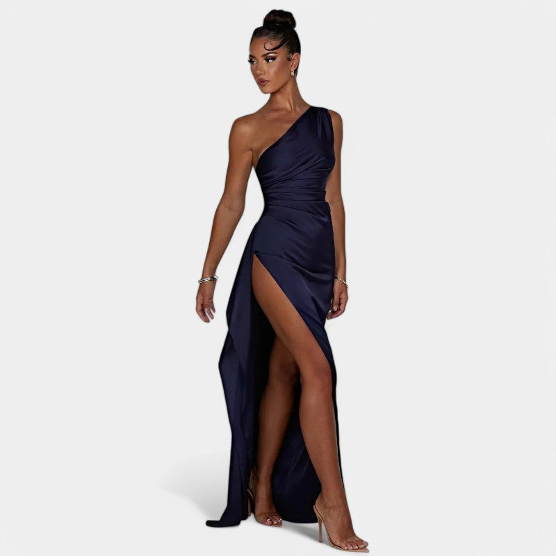 One-Shoulder Satin Maxi Dress – Pleated Split Evening Gown | Meave & Ivy
