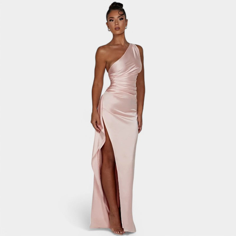 One-Shoulder Satin Maxi Dress – Pleated Split Evening Gown | Meave & Ivy