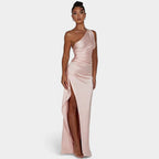 One-Shoulder Satin Maxi Dress – Pleated Split Evening Gown | Meave & Ivy