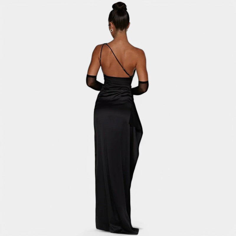 One-Shoulder Satin Maxi Dress – Pleated Split Evening Gown | Meave & Ivy