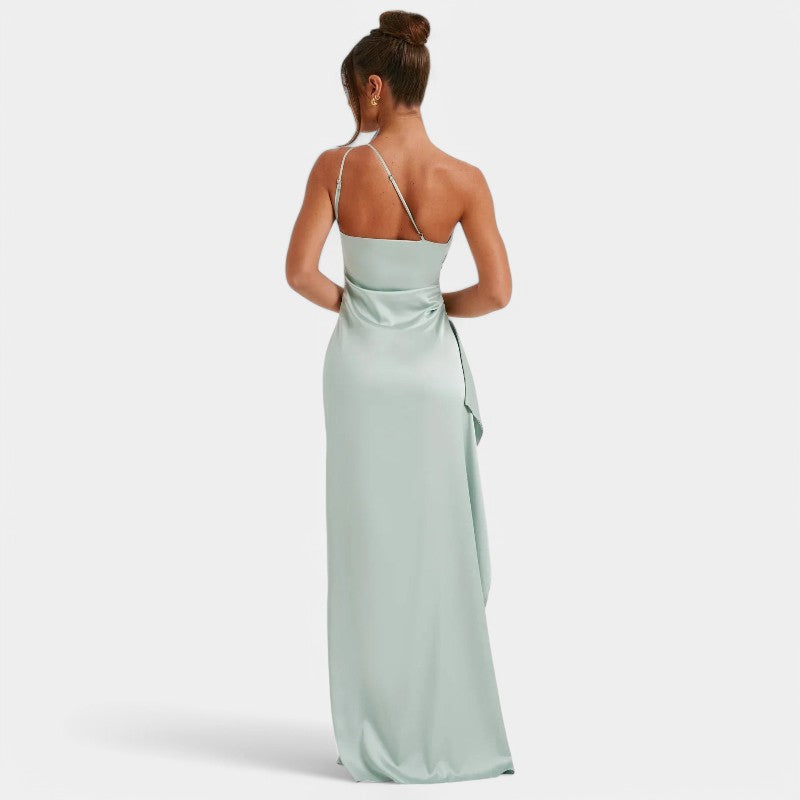 One-Shoulder Satin Maxi Dress – Pleated Split Evening Gown | Meave & Ivy