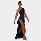 One-Shoulder Satin Maxi Dress – Pleated Split Evening Gown | Meave & Ivy