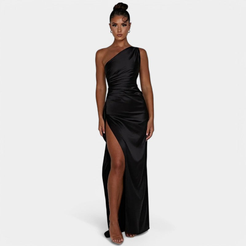 One-Shoulder Satin Maxi Dress – Pleated Split Evening Gown | Meave & Ivy