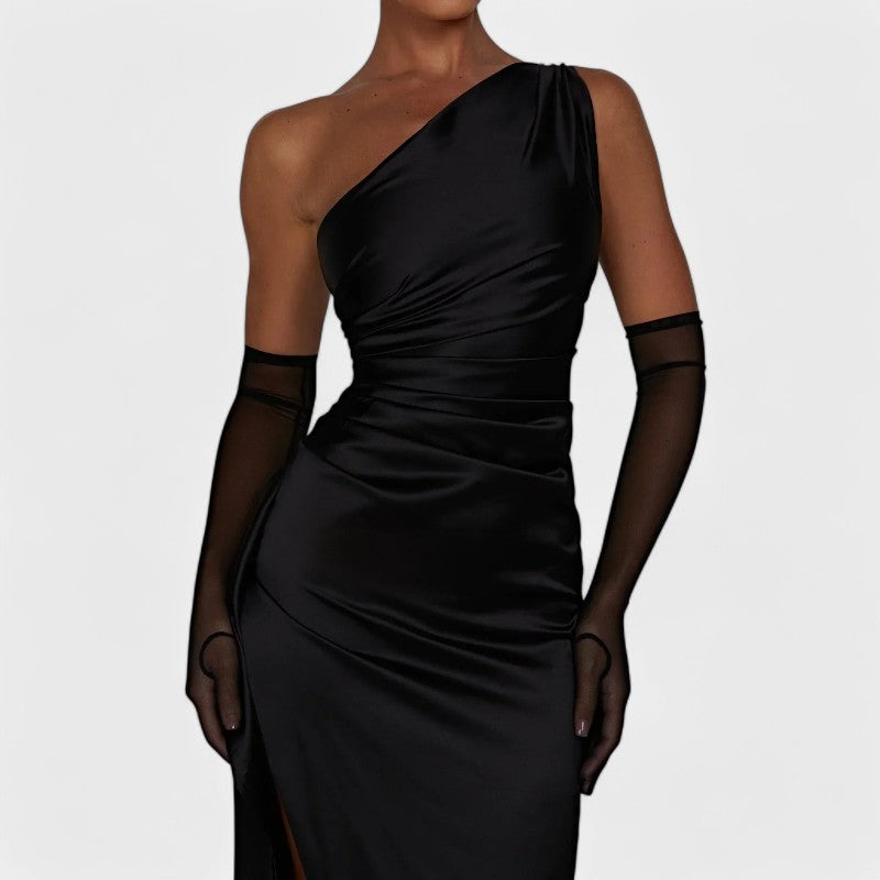 One-Shoulder Satin Maxi Dress – Pleated Split Evening Gown | Meave & Ivy