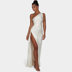 One-Shoulder Satin Maxi Dress – Pleated Split Evening Gown | Meave & Ivy