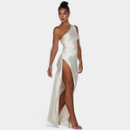 One-Shoulder Satin Maxi Dress – Pleated Split Evening Gown | Meave & Ivy