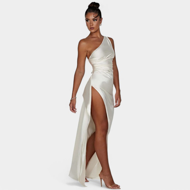 One-Shoulder Satin Maxi Dress – Pleated Split Evening Gown | Meave & Ivy