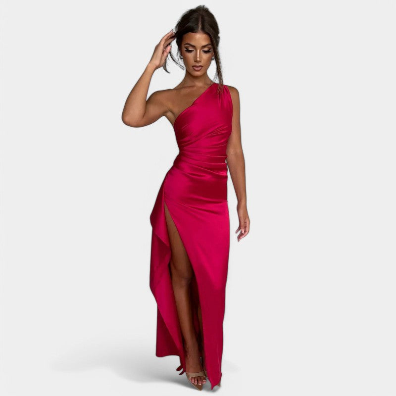 One-Shoulder Satin Maxi Dress – Pleated Split Evening Gown | Meave & Ivy