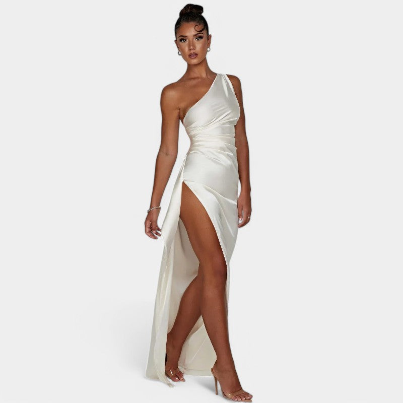One-Shoulder Satin Maxi Dress – Pleated Split Evening Gown | Meave & Ivy