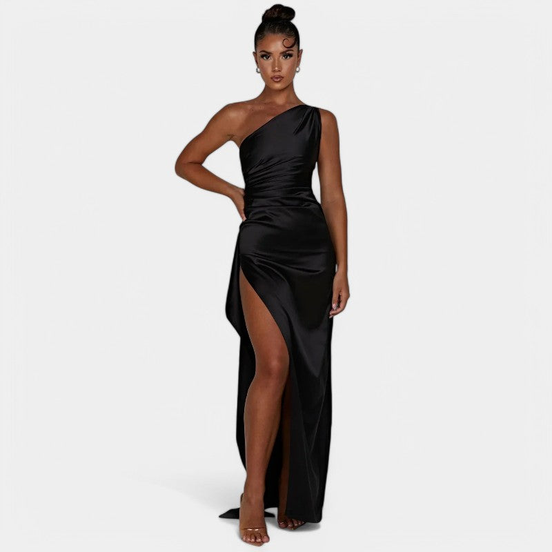 One-Shoulder Satin Maxi Dress – Pleated Split Evening Gown | Meave & Ivy