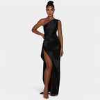 One-Shoulder Satin Maxi Dress – Pleated Split Evening Gown | Meave & Ivy