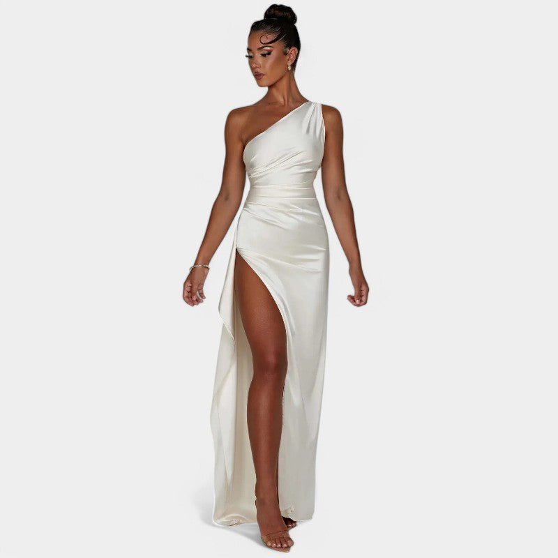 One-Shoulder Satin Maxi Dress – Pleated Split Evening Gown | Meave & Ivy